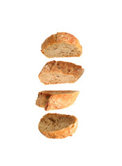 Pieces of freshly baked baguette in air on white background