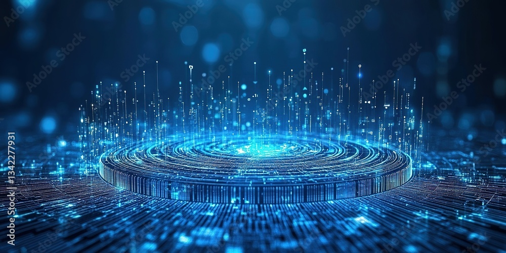 Poster digital visualization of abstract data patterns with light particles in a futuristic setting