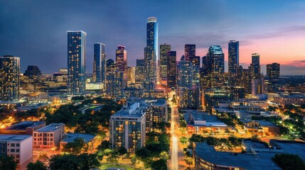 Aerial view of a modern city skyline with tall skyscrapers illuminated at night.