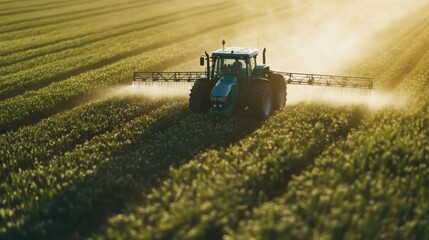 Fototapeta premium Agricultural tractor spraying fertilizer on agricultural field. Smart agriculture farming, agricultural food crops technology.