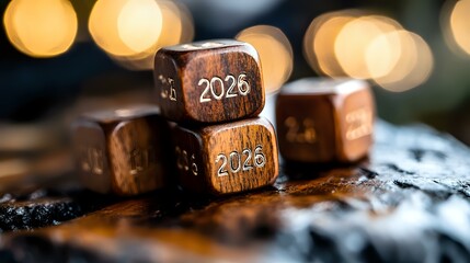 Wooden dice with number 2026 stacked on dark surface with blurred bokeh lights in background, creating atmospheric new year celebration mood.