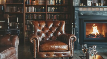 Cozy Reading Room with Leather Armchair by Fireplace and Bookshelves