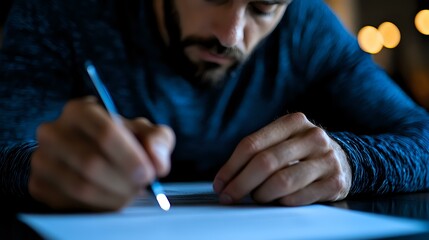 Bearded man in blue sweater writing or drawing in dark room with bokeh lights background, focused on creative work at night. Artistic mood study.