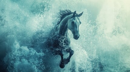 Obraz premium Majestic grey horse running through ocean waves, dramatic lighting, fantasy art, equine power
