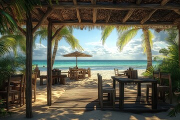 Fototapeta premium Beach restaurant with wooden furniture and palm trees at the sandy beach. Perfect for travel advertisements or a serene vacation background.