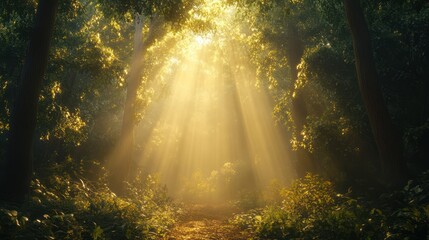 Sunbeams illuminate forest path, misty morning, tranquil nature scene, ideal for fantasy backdrop