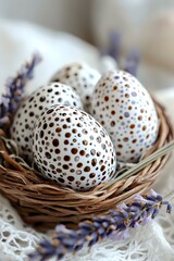 Spotted white Easter eggs decorated with brown dots in wicker nest, surrounded by fresh lavender sprigs and delicate lace, creating rustic spring composition.