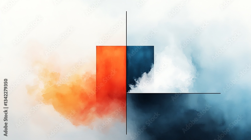 Poster Abstract geometric design with intersecting planes, vibrant colors, and hazy clouds