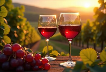 elegant close wine glasses nestled amidst picturesque vineyard landscape overflowing fresh grapes lush greenery, nature, sunlight, outdoors, agriculture