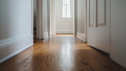 a hallway with a door and a window in it and a hard wood floor