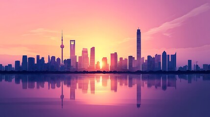 Fototapeta premium A vibrant skyline at sunset, reflecting on water, showcasing urban architecture and tranquility.