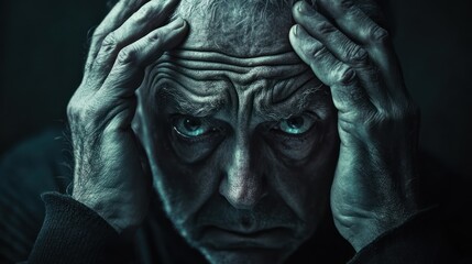 Stressed elderly man, hands on head, dark background, studio portrait, mental health