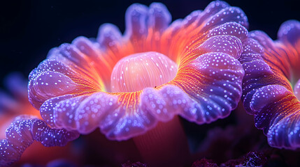 Fototapeta premium Vibrant coral polyps underwater, showcasing intricate details and a spectrum of purple, orange, and pink hues