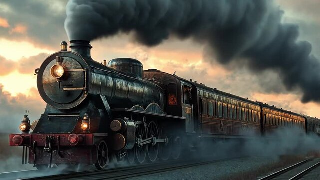 Vintage steam locomotive chugging along railway tracks at sunset with dramatic clouds