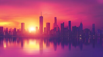 Fototapeta premium A vibrant city skyline at sunset, reflecting in water, showcasing urban beauty and tranquility.