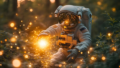 Astronaut in forest, glowing orb in hands, magical scene