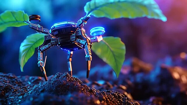 Futuristic robotic insect with glowing features perched on vibrant green leaves in a colorful environment