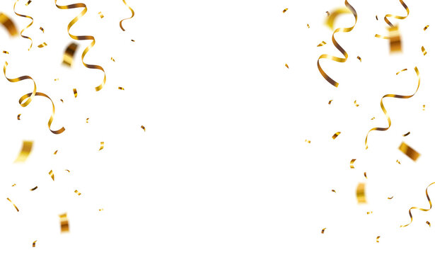 Realistic falling gold confetti and streamers decorative border on transparent background	