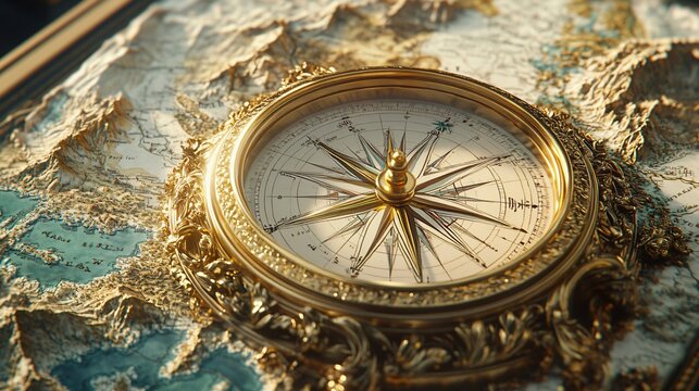 A highly detailed, ornate gold compass rests on a vintage-looking map, evoking themes of exploration, navigation, and historical adventures.