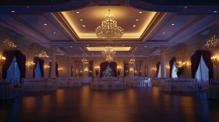 Grand ballroom, elegant tables set, night, chandeliers, event preparation