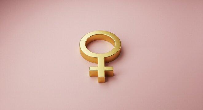 Golden female gender symbol on a soft pink background representing empowerment and equality, highlighting the theme of gender recognition