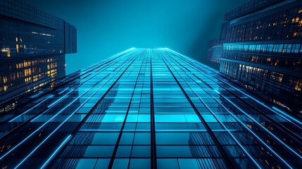Looking Up at a Modern Building with Blue Glass Facade