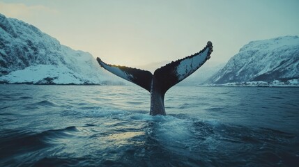 Fototapeta premium Whale's fluke, Arctic fjord sunset, snowy mountains, wildlife documentary