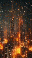 Obraz premium A futuristic cityscape illuminated by glowing lights and particles, creating a dynamic atmosphere.