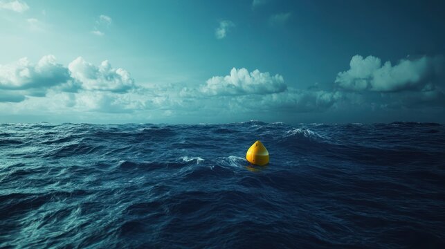 Yellow buoy adrift, ocean waves, cloudy sky, nautical distress signal