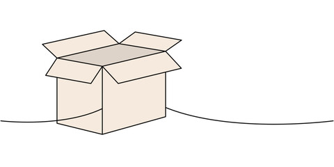 Open box one line colored continuous drawing. Carton delivery packaging box. Vector illustration.