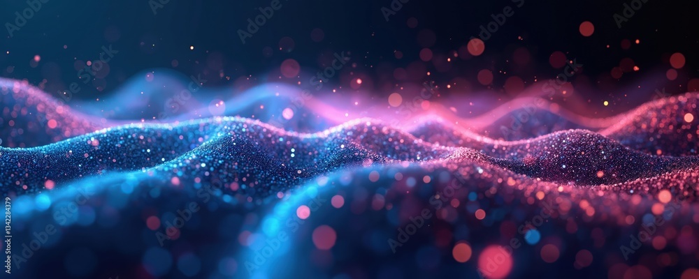 Aufkleber Abstract dark background with glowing digital network. Blue, pink blurred lights with bokeh effect. Modern tech wallpaper for business, science, crypto, big data analytics. Futuristic design template.
