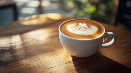Warmly Lit Cappuccino with Latte Art on a Wooden Table Perfect for Cozy Cafe Scenes and Relaxa