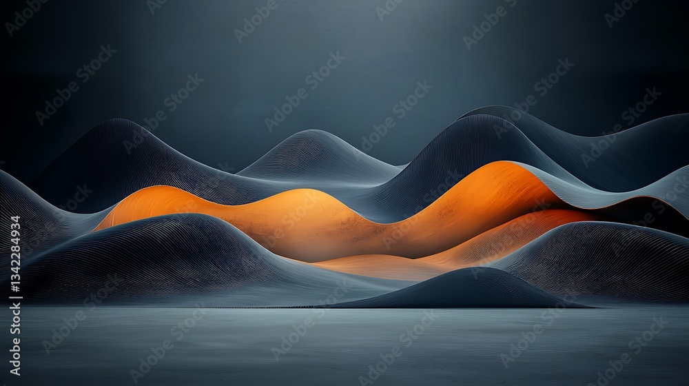 Poster abstract landscape with dark and orange, flowing forms
