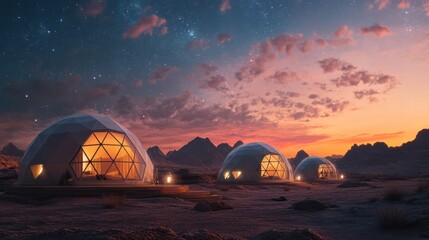 Desert geodesic domes sunset luxury glamping resort