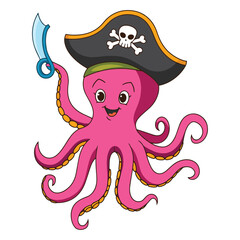 Cartoon pirate octopus, a playful and whimsical vector illustration. Perfect for children books, pirate themed designs, or humorous nautical projects.