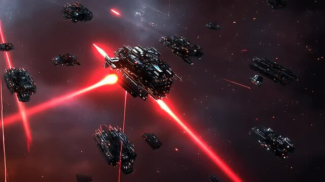 Futuristic space battle scene with multiple spaceships firing lasers in a cosmic environment