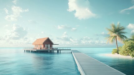 Tropical overwater bungalow sunrise, tranquil ocean, palm tree, jetty, vacation
