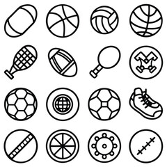 Vector sports ball icons set includes football, basketball, volleyball, soccer, tennis, baseball, rugby, golf, bowling, and handball game symbols