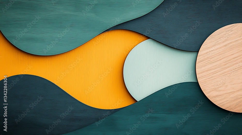 Poster abstract layered design with curves and circles in teal, orange, and light colors