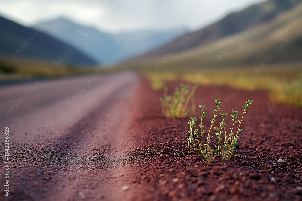 Poster Intriguing Desert Road with Sparse Vegetation Against a Mountainous Backdrop : Generative AI