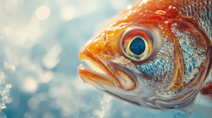 Fresh red fish close-up, ocean backdrop, seafood market