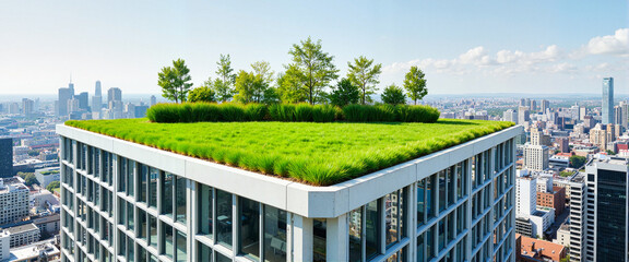 Fototapeta premium Rooftop garden on modern skyscraper, urban nature integration