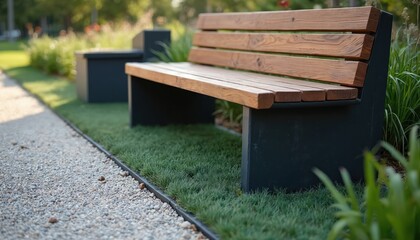Bench with wooden seat and backrest in park. Gravel path adjoins a lawn of thick, short grass. Outdoor rest place in garden with plants and pebble walkway.