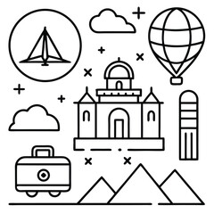 Fototapeta premium Collection of travel icons depicting luggage, transportation, and destinations