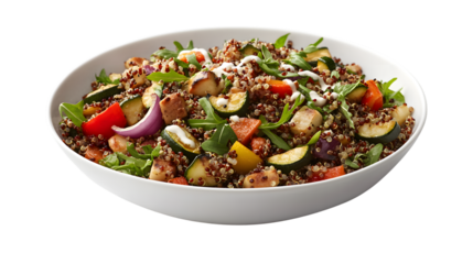 A vibrant bowl of quinoa salad with fresh vegetables drizzled with creamy dressing