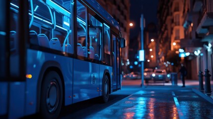 Night city bus stop arrival