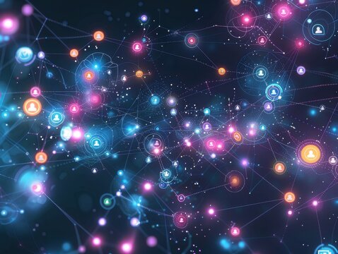 Glowing nodes form a network of influence, digital customer advocacy program visualization, brand ambassadors watermark.