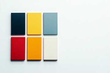 six rectangular color swatches in navy yellow blue red and white arranged neatly on a minimalist white background

