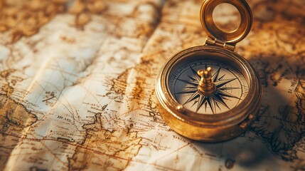 A close-up shot of an antique brass compass resting on a vintage world map, creating a sense of adventure and exploration.