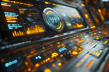 Futuristic control panel with vibrant orange and blue digital displays, showing various data readouts and a prominent central timer